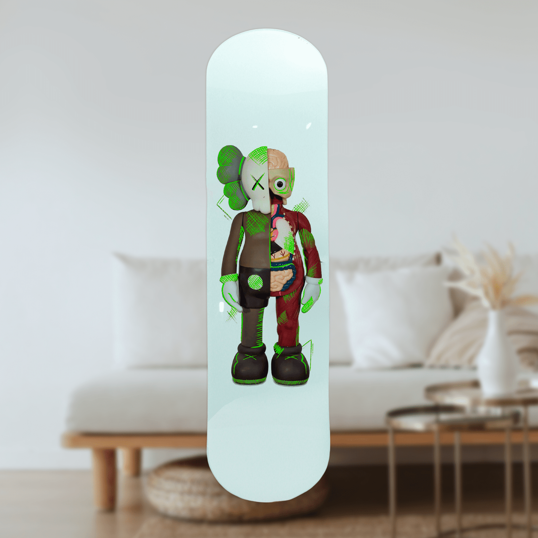 Wall Art of Brown Kaws Skateboard Design in Acrylic Glass - Artist Vibes