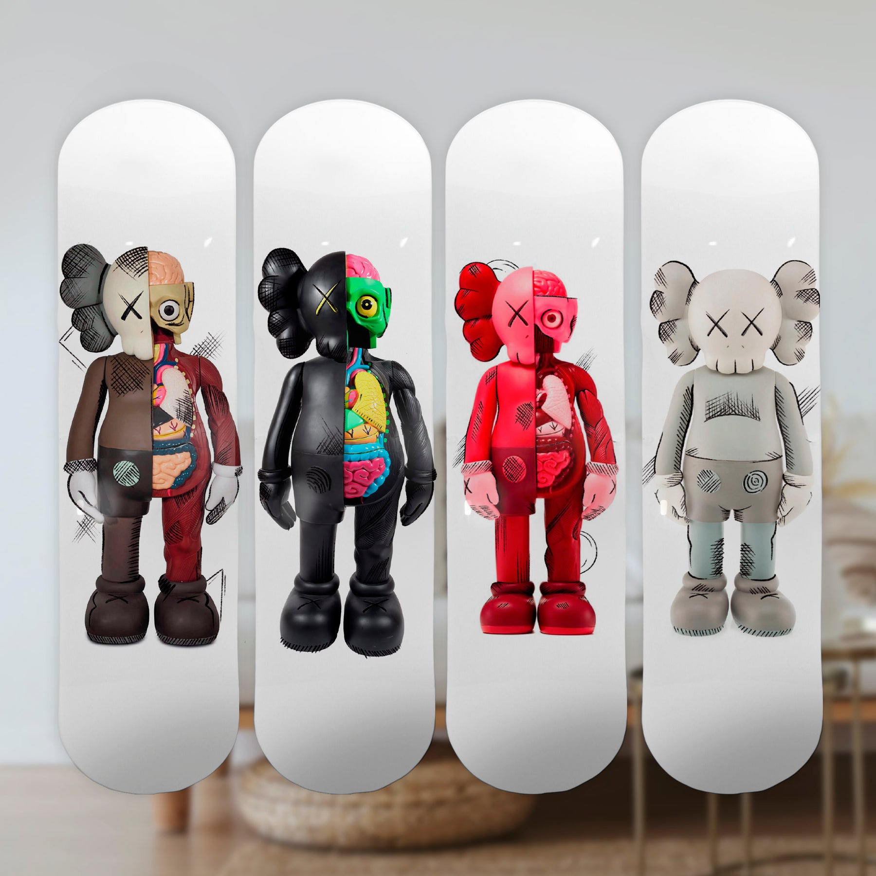 4-Piece Wall Art of Kaws Skateboard Design in Acrylic Glass - Artist Vibes