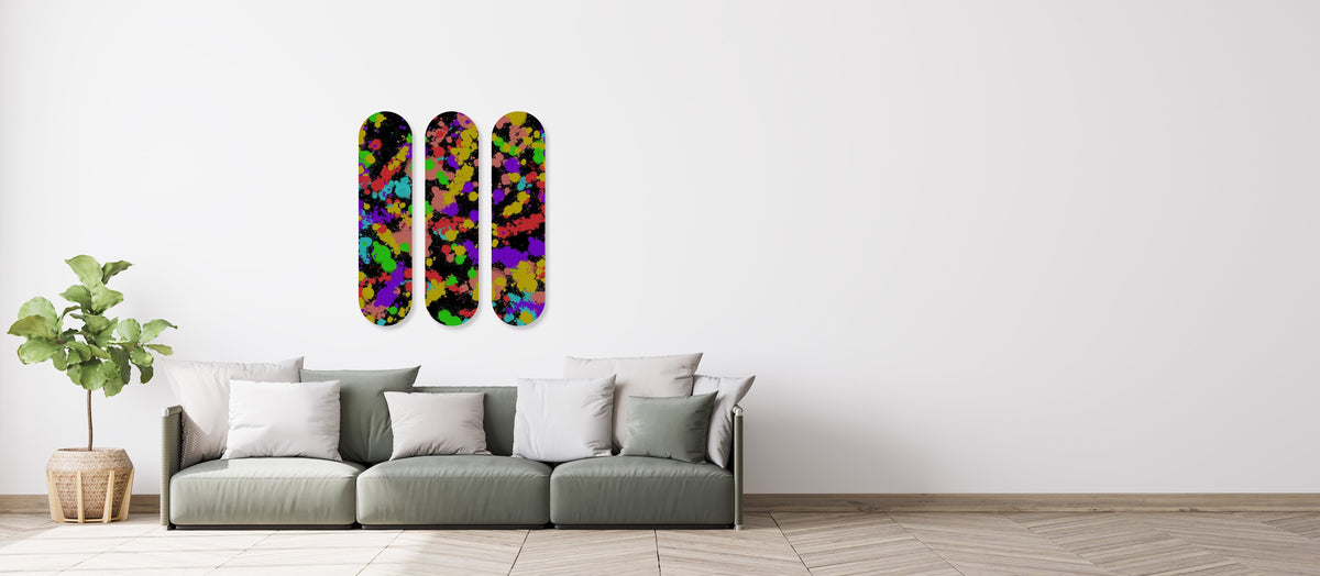 3-Piece Wall Art of Blackened Rainbow Skateboard Design in Acrylic Glass - Life in Color