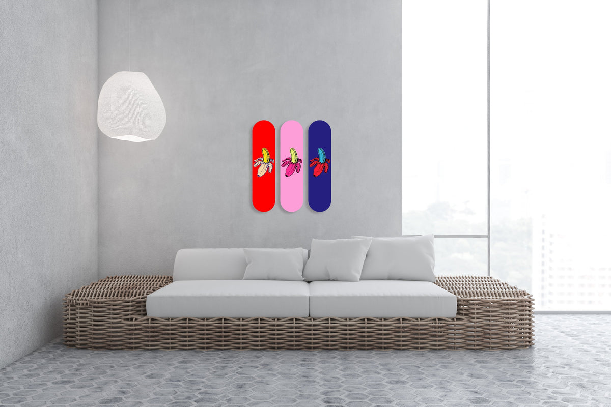 3-Piece Wall Art of Retro Banana Skateboard Design in Acrylic Glass - Retro