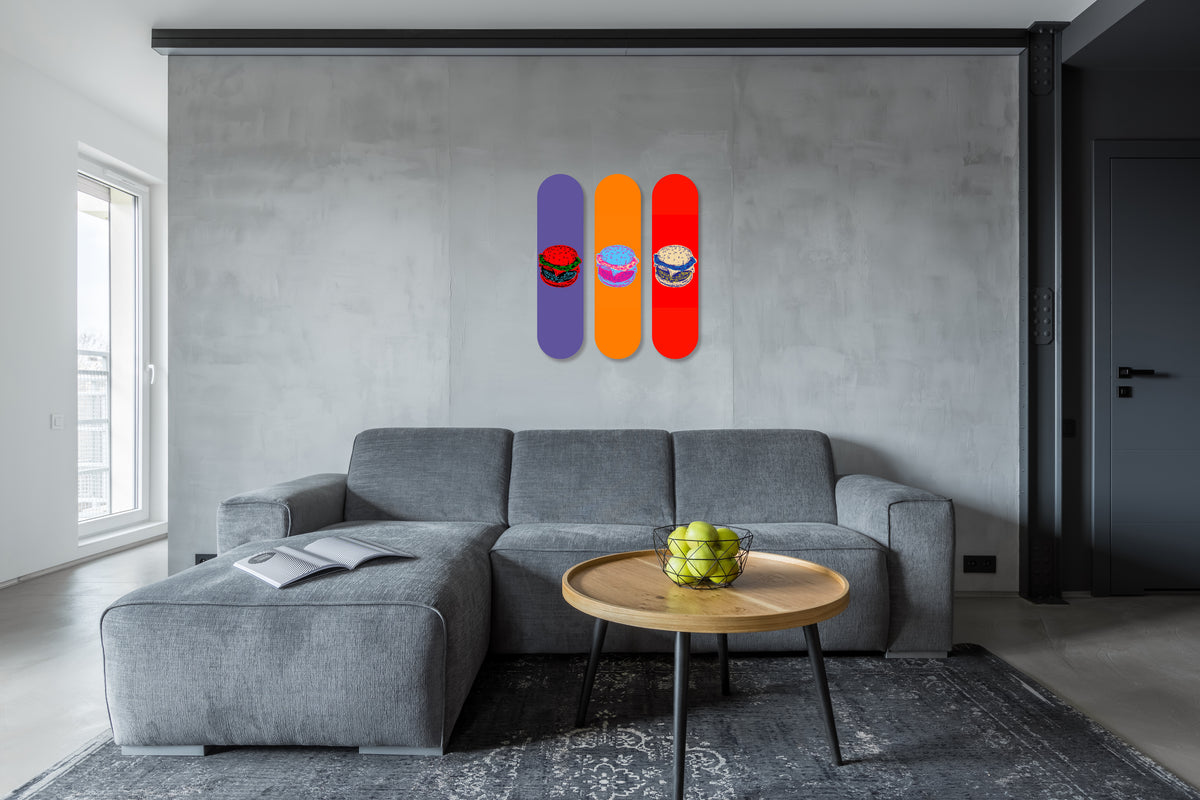 3-Piece Wall Art of Retro Burger Skateboard Design in Acrylic Glass - Retro